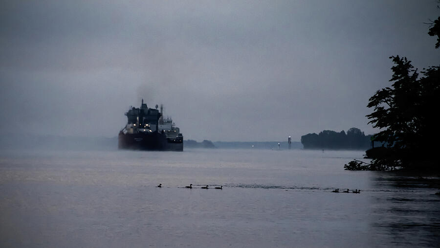 Lake Freighter in the Misty Morning Photograph by Deb Beausoleil