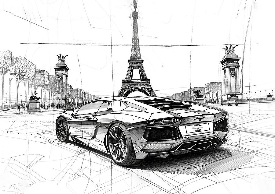 Lamborghini Aventador Sketch In Paris by Cortez Schinner - Royalty