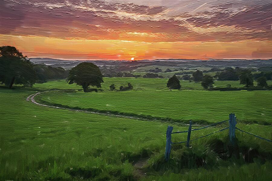 Landscape painting of a serene countryside sunset Digital Art by Nature Oil Painting