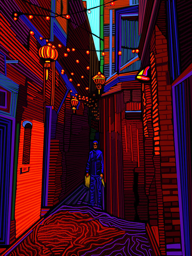 Vibrant Alleyway at Night Painting - Late Night In Fan Tan Alley by Rod Whyte