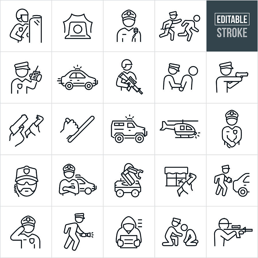 Law Enforcement Thin Line Icons - Editable Stroke - Icons Include Law Enforcement, Police Officer, Criminal Justice, Law, Crime, Criminal, Military, Public Safety, Emergency Services, Security Officer, Security, Protect Drawing by Appleuzr