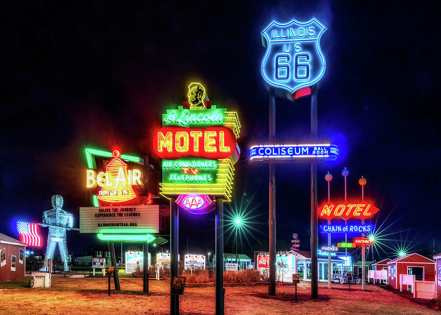 Legends Neon Park at Night - Route 66 - Springfield, IL by Susan