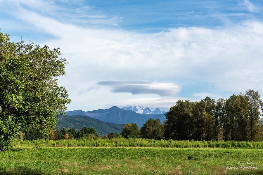 Lenticular Cloud Over Mountain Range Photograph - Flying Saucer Landing on Mount Baker by Tom Cochran