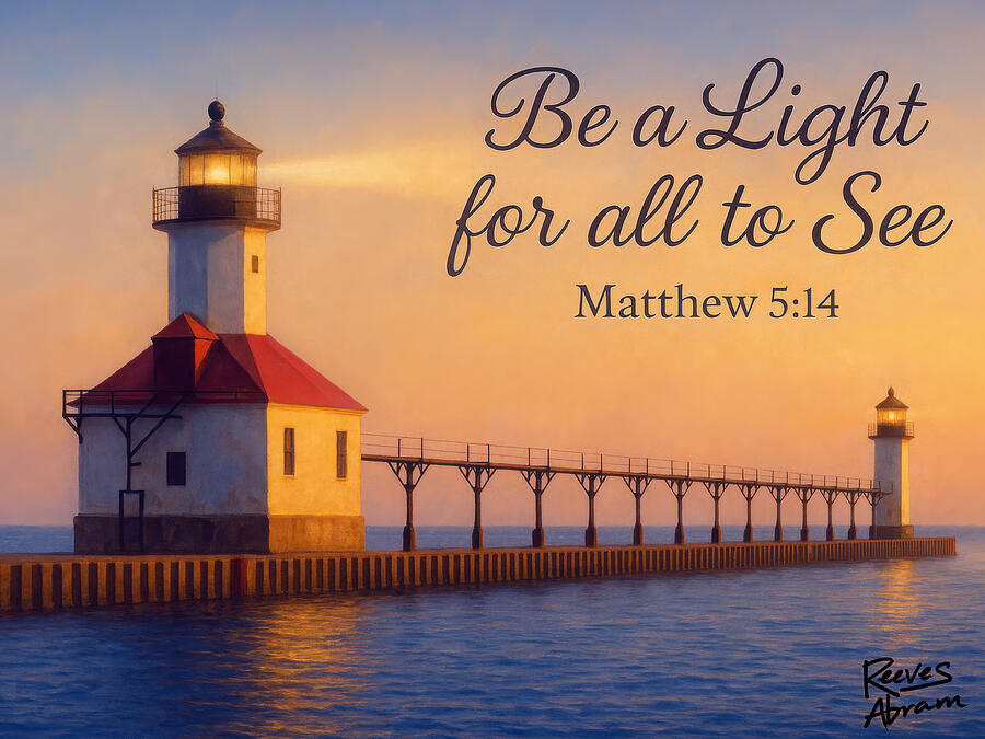 Lighthouse at Sunset with Be a Light for all to See Digital Art by Reeves Abram - Pastor Reeves Studio - Metal Posters