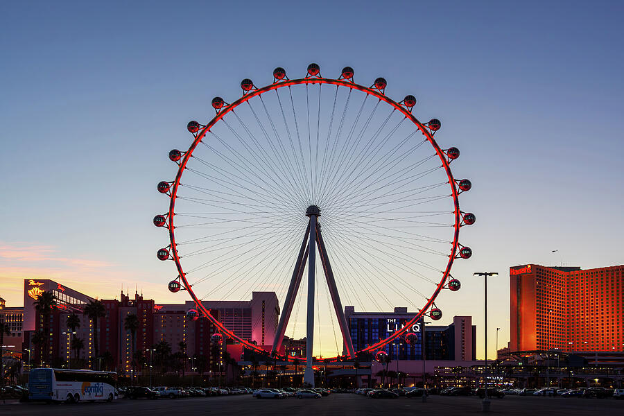 Las Vegas Ferris Wheel at Dusk Photograph - Linq High Roller Wheel Las Vegas, at dusk by Tatiana Travelways