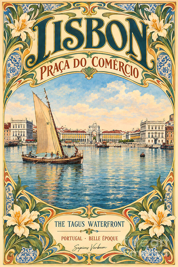 Lisbon, Praça do Comércio and the Tagus: Art Nouveau vintage travel poster by Sapiens Verbum