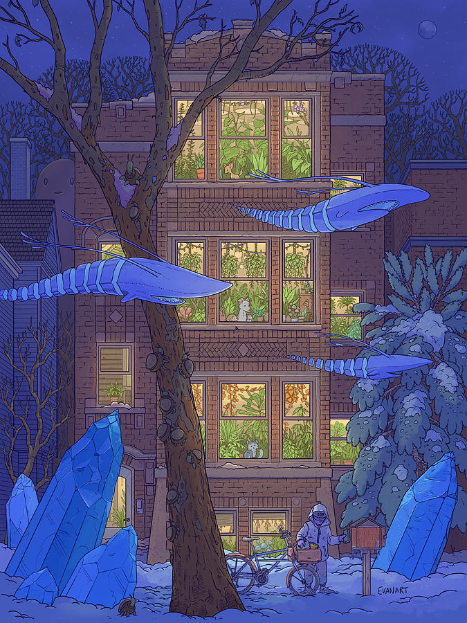 Winter Night with Flying Creatures Digital Art - Little Library by EvanArt - Evan Miller