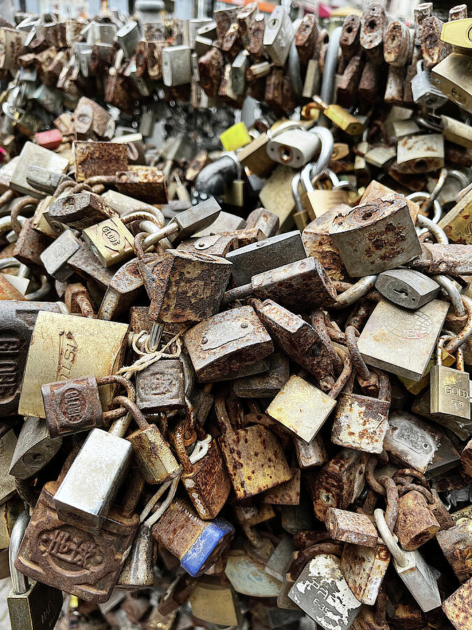 Rusty Cluster of Padlocks Photograph - Locked In by Richard Reeve