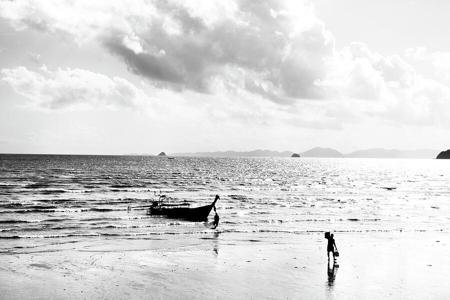 Solitary Walk on a Serene Beach Photograph - Longtail Boat by Mia Badenhorst