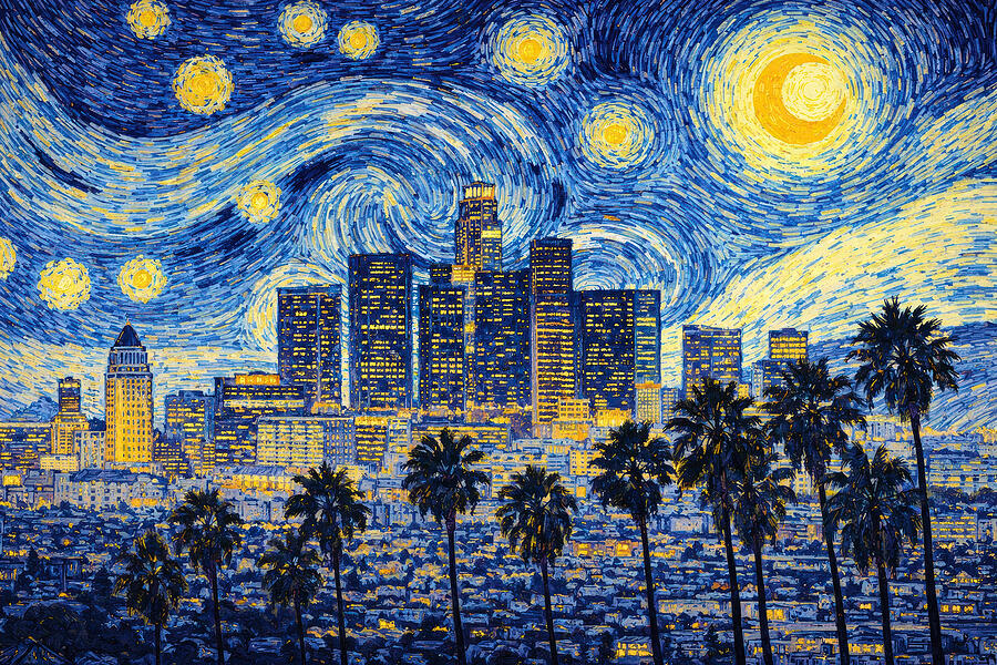 Starry Night Over Los Angeles Digital Art - Los Angeles - painting in the style of Starry Night by Vincent van Gogh by Nicko Prints
