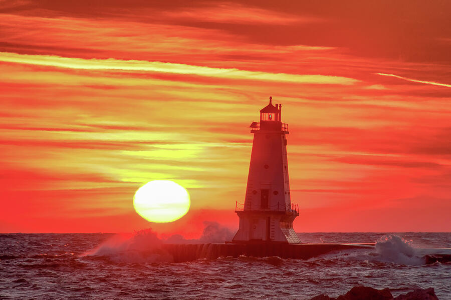 Ludington North Pierhead Light at Sunset Photograph by Michael Collins