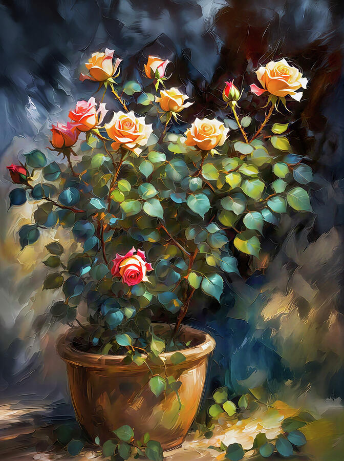 Lush Rose Bush in Pot Ai Art - Lush Rose Bush in Pot by Ursula Abresch