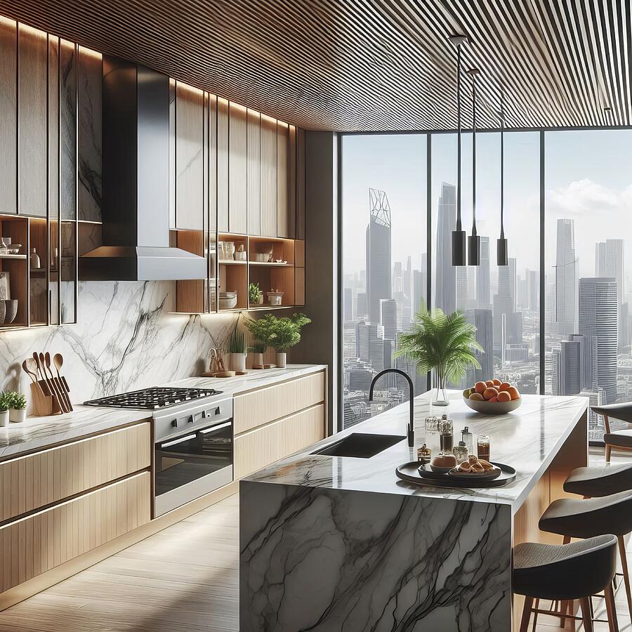 Luxury Modern Kitchen Interior with Marble Island and City Skyline View ...
