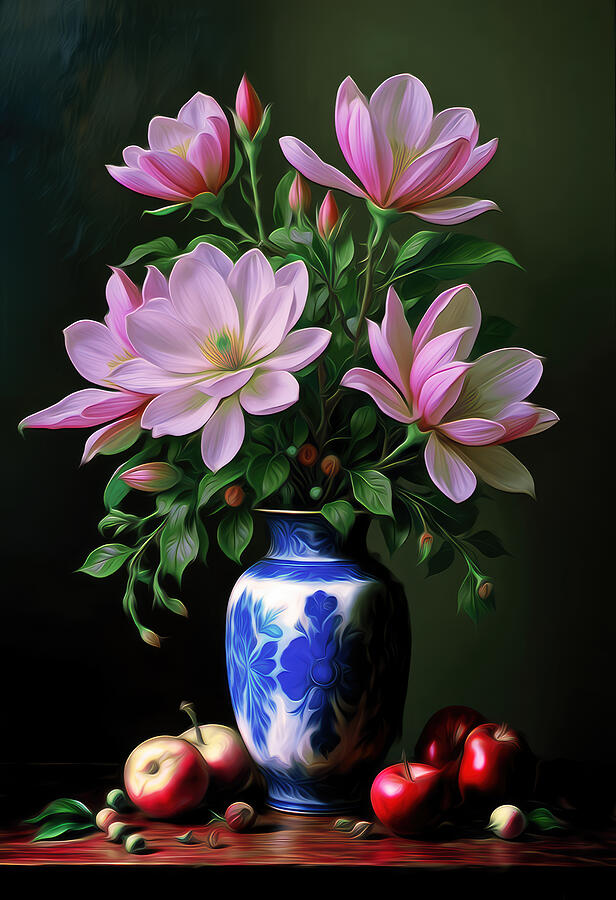 Vibrant Floral Arrangement With Apples Digital Art - Magnolias flowers Oil Painting by Nature Oil Painting