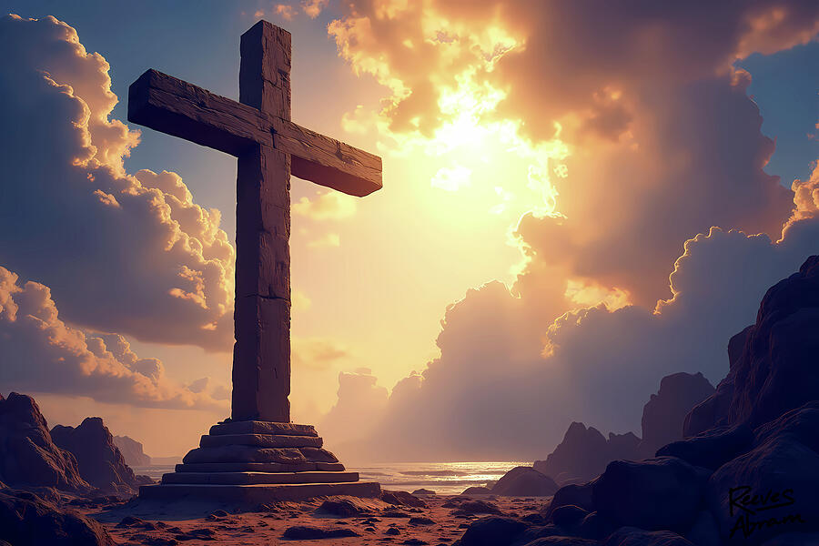 Majestic Cross at Sunset Beach Digital Art by Reeves Abram - Pastor Reeves Studio - Metal Posters