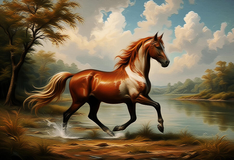 Majestic Horse by a River Digital Art - Majestic Regal Stallion Wall Art by Nature Oil Painting