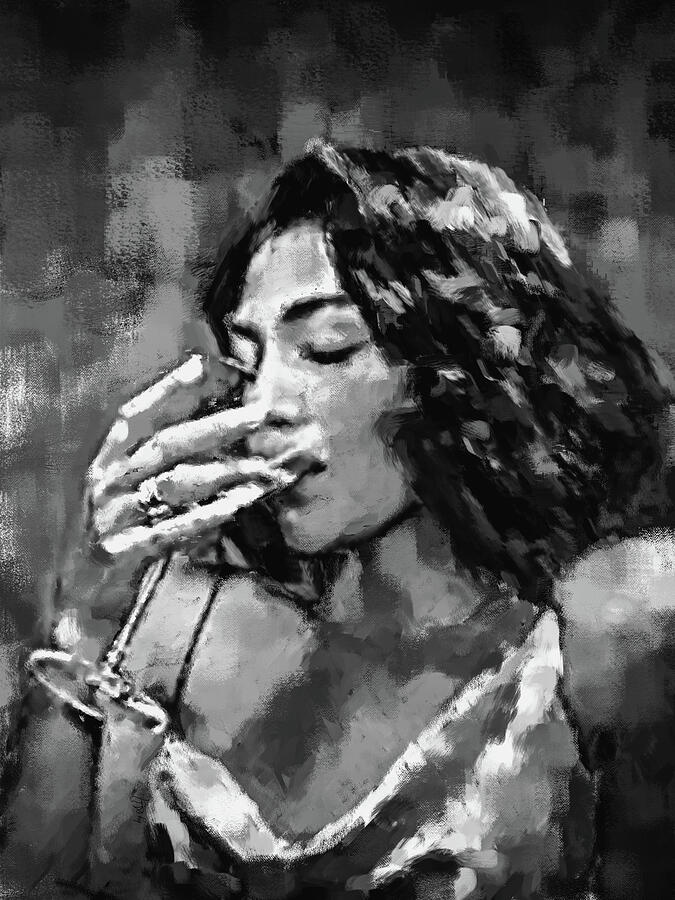 Woman Sipping Wine in Grayscale Digital Art - Man I need BW by Gradify Creations