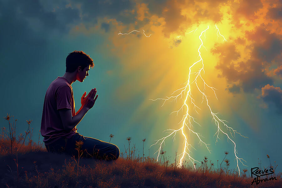 Man Praying During Lightning Storm Mixed Media by Reeves Abram - Pastor Reeves Studio - Metal Posters