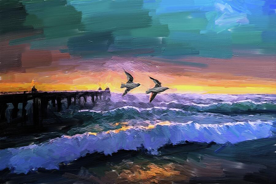 Manhattan Beach Sunset Painting Digital Art by Nature Oil Painting