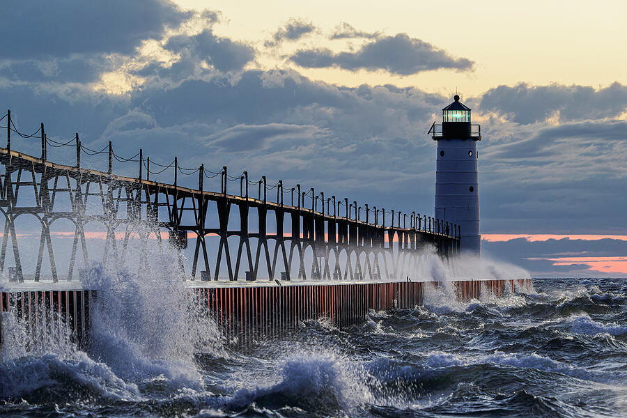 Manistee North Pier Light at Dusk Photograph by Michael Collins