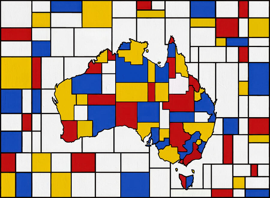 Geometric Map of Australia Digital Art - Map of Australia in the style of Composition with Red, Blue and Yellow by Piet Mondrian by Nicko Prints