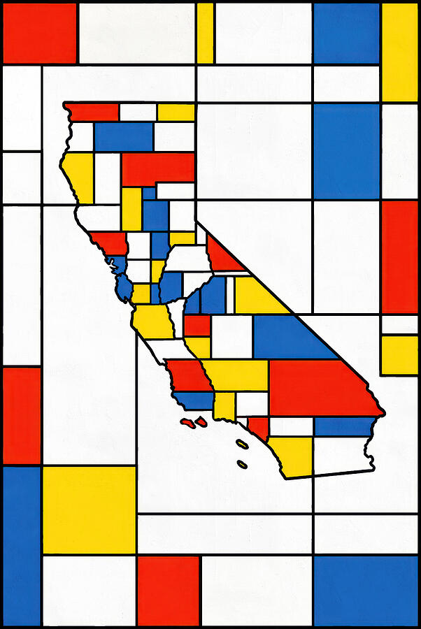 California Map in Mondrian Style Digital Art - Map of California in the style of Composition with Red, Blue and Yellow by Piet Mondrian by Nicko Prints