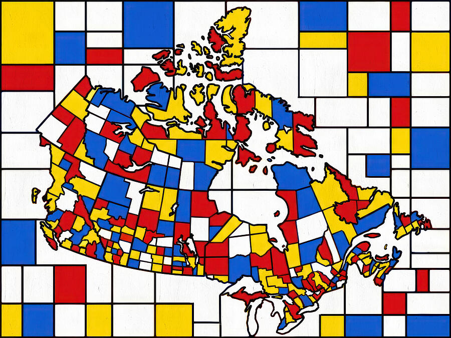 Abstract Map of Canada Digital Art - Map of Canada in the style of Composition with Red, Blue and Yellow by Piet Mondrian by Nicko Prints