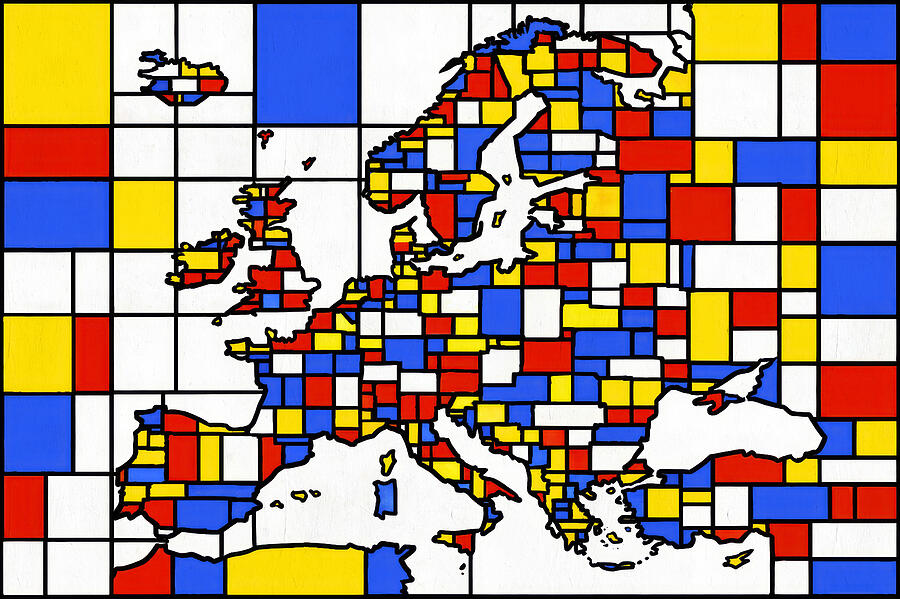 Mondrian Style Map of Europe Digital Art - Map of Europe in the style of Composition with Red, Blue and Yellow by Piet Mondrian by Nicko Prints