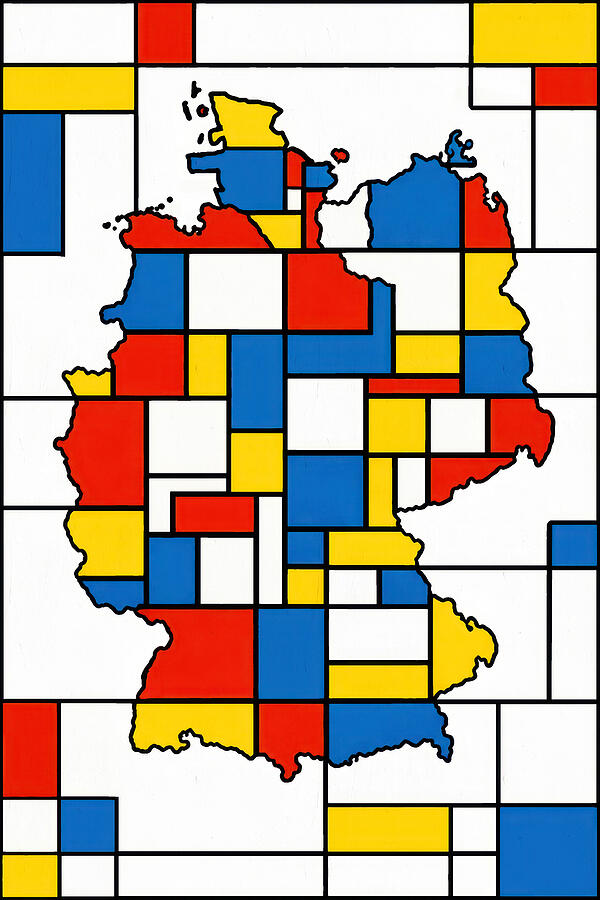 Abstract Map of Germany Digital Art - Map of Germany in the style of Composition with Red, Blue and Yellow by Piet Mondrian by Nicko Prints