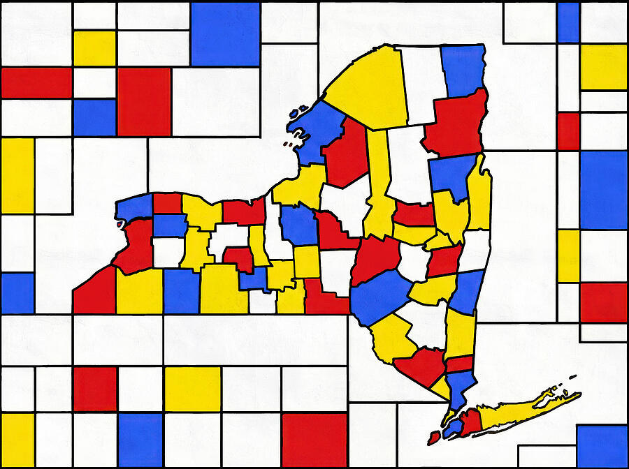 Abstract New York State Map Digital Art - Map of New York in the style of Composition with Red, Blue and Yellow by Piet Mondrian by Nicko Prints