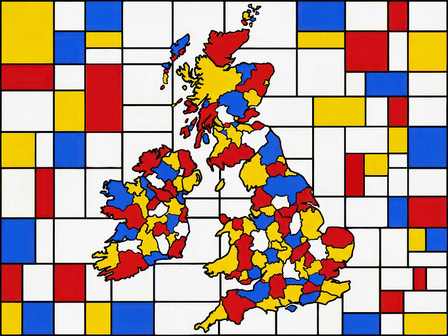 Map of the British Isles in the style of Composition with Red, Blue and Yellow by Piet Mondrian by Nicko Prints