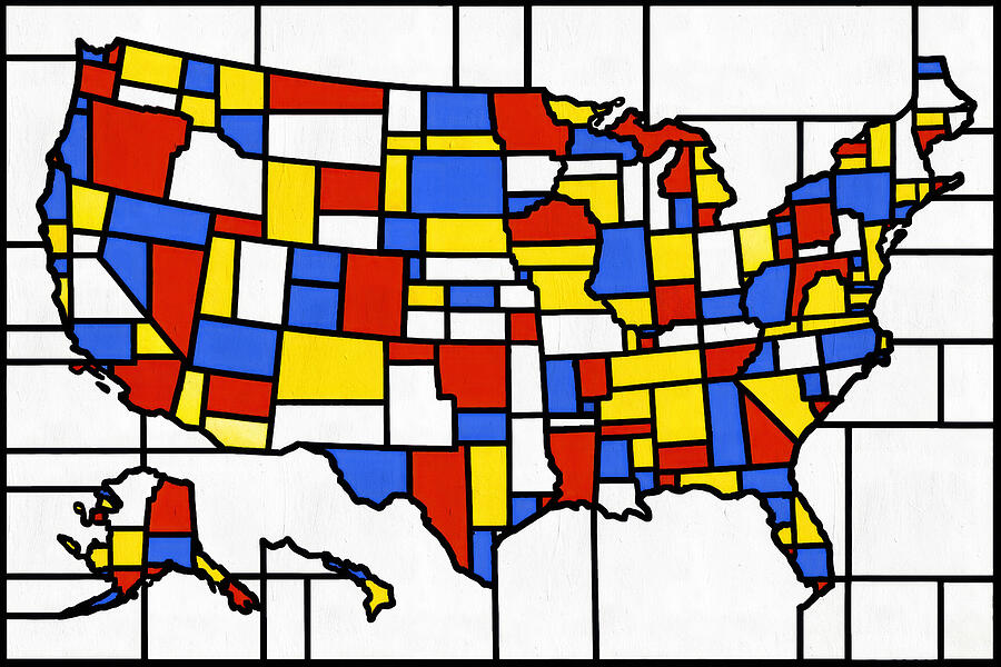 Abstract Map of USA Digital Art - Map of the United States in the style of Composition with Red, Blue and Yellow by Piet Mondrian by Nicko Prints