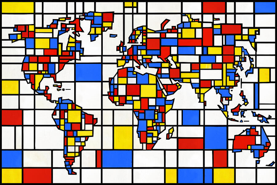 Geometric World Map Design Digital Art - Map of the world in the style of Composition with Red, Blue and Yellow by Piet Mondrian by Nicko Prints