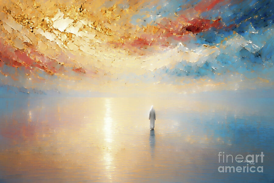 Solitary Figure Underneath Vibrant Sky Painting - Matthew 14 27. Take Courage It Is I Do Not Be Afraid. Jesus Walking On Water Christian Wall Art by Mark Lawrence