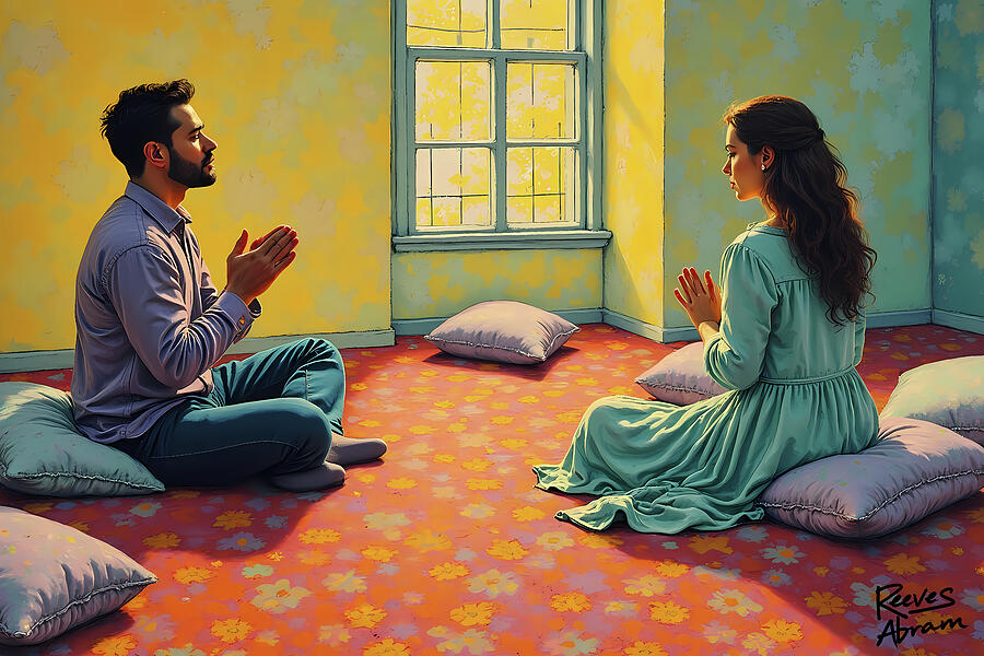 Prayerful Couple in Sunlit Room Drawing by Reeves Abram - Pastor Reeves Studio - Metal Posters