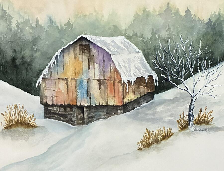 Snow-Covered Rustic Barn in Winter Painting - Memories by Judy Strickland