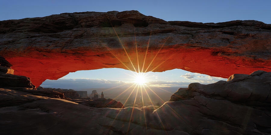 Sunrise at Mesa Arch Photograph - Mesa Arch Sunrise Glow Canyonlands National Park Panorama by Robert Niemeier