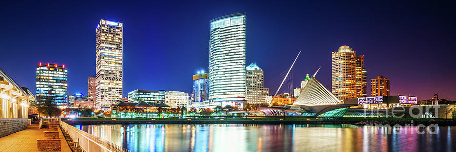 Milwaukee Bay Skyline at Night Panorama Picture Photograph by Paul Velgos