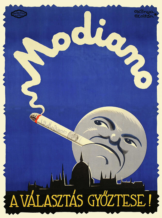 Modiano Vintage Cigarette Advertisement Painting - Modiano, Smoking Moon above the Parliament - vintage art deco cigarette advertisement poster by Konya Zoltan