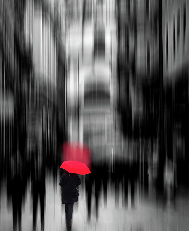 Red Umbrella in Urban Blur Photograph - Moments of Red by Kevin Schwalbe