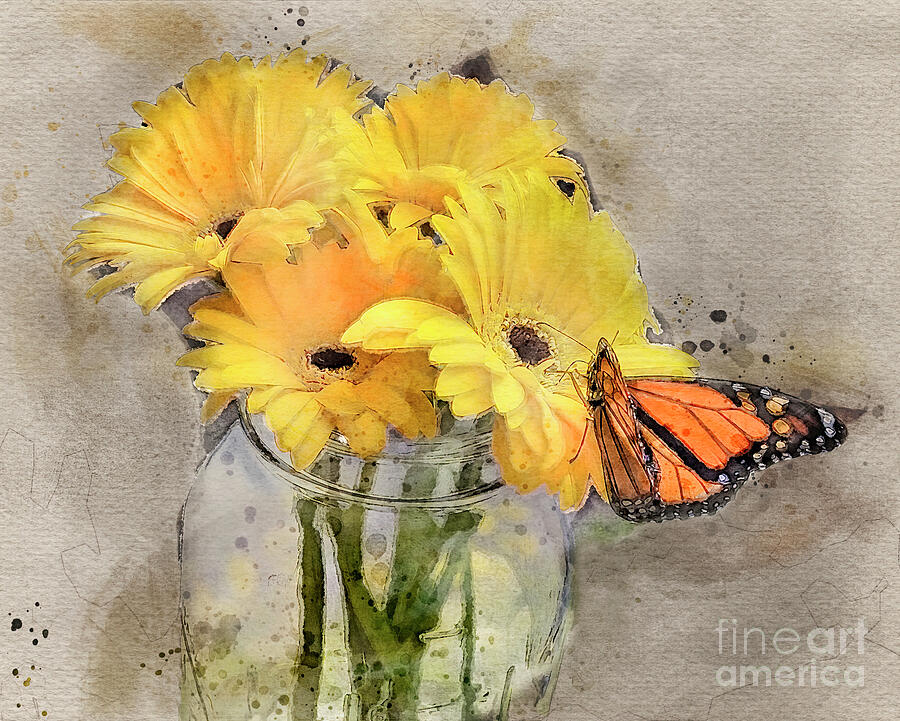 Monarch on Gerberas Digital Watercolor Digital Art by William Gunn