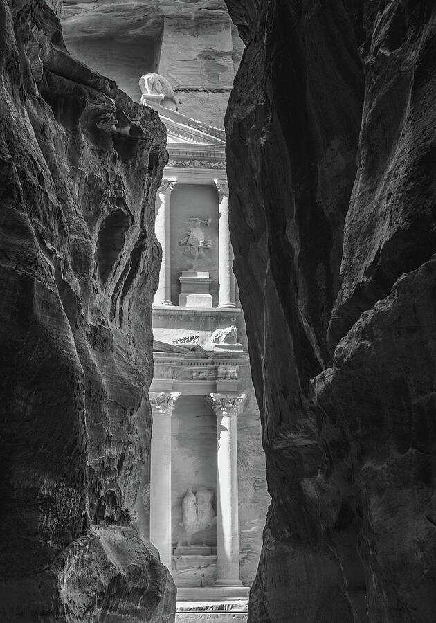 Ancient Petra Treasury View Photograph - Monochrome Petra Treasury building facade seen through narrow go by Steven Heap