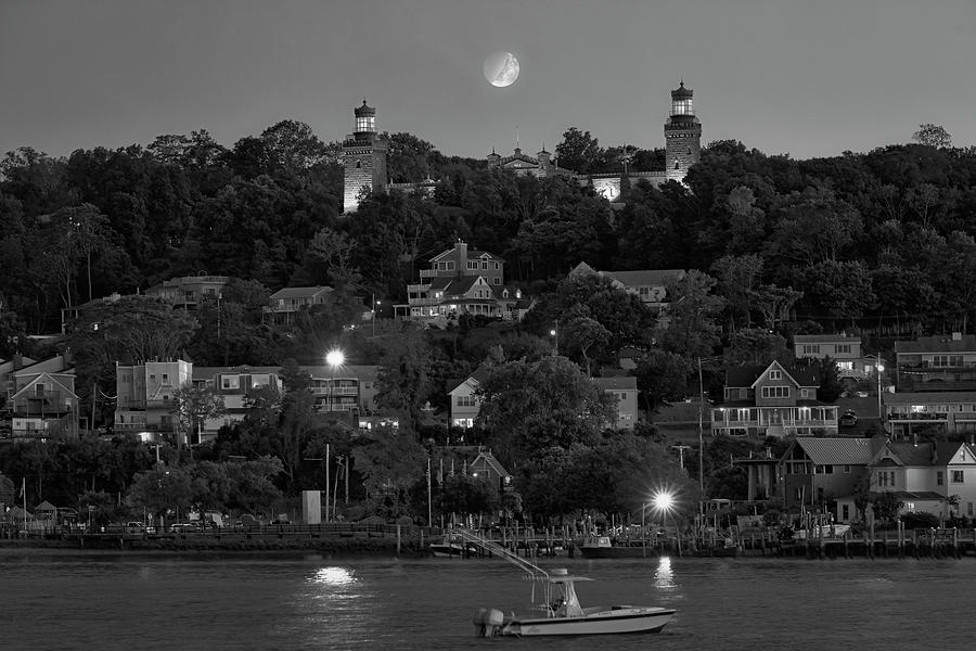 Moonlit Navesink Twin Lights Photograph - Moonset  Navesink Twin Lights BW by Susan Candelario