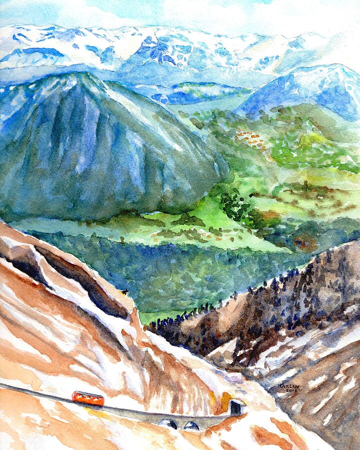 Mount Pilatus Swiss Alps Red Train Painting by Carlin Blahnik CarlinArtWatercolor