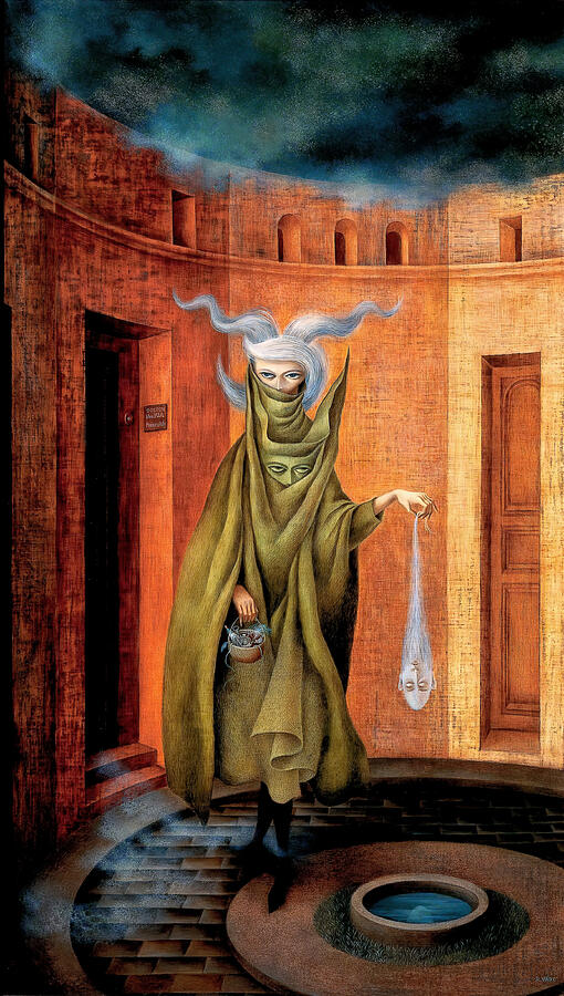 Remedios Varo's Enigmatic Figure Painting - Mujer saliendo del psicoanalista - Woman Leaving the Psychoanalyst by Remedios Varo by Remedios Varo