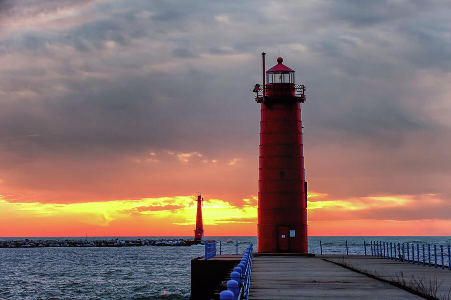 Muskegon South Pier Light and South Breakwater Light at Sunset Photograph by Michael Collins
