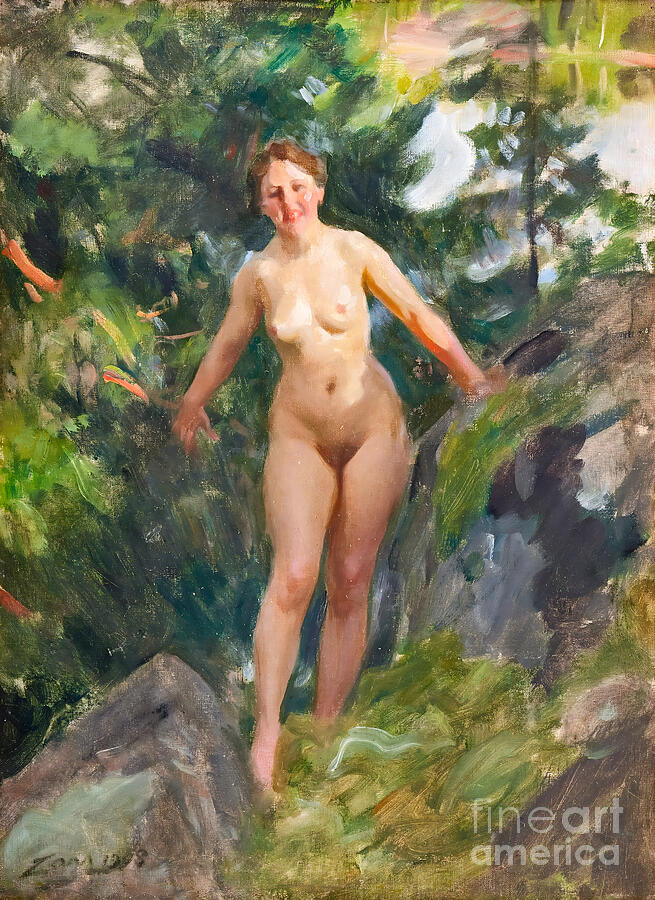 Anders Zorn, Naked in a Rocky Forest, 1908: a nude woman steps forward among green trees and rocks, lit by sunlight