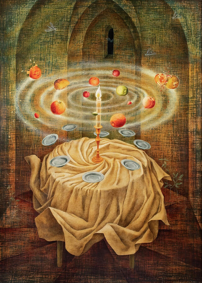 Surreal Dinner with Levitating Orbs Painting - Naturaleza muerta resucitando - Memento mori - Dead nature reviving by Remedios Varo by Remedios Varo