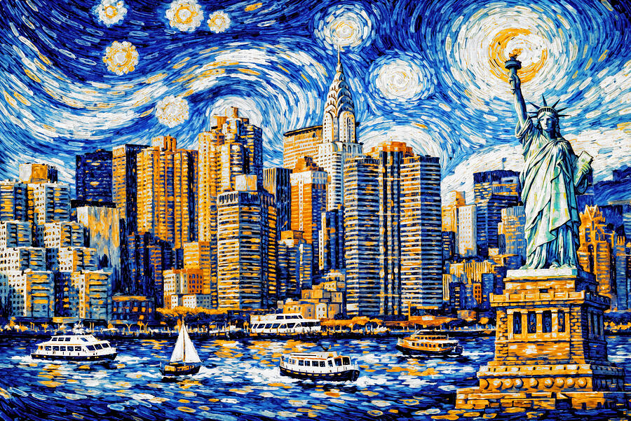 Starry Night in New York City Digital Art - New York City - painting in the style of Starry Night by Vincent van Gogh by Nicko Prints