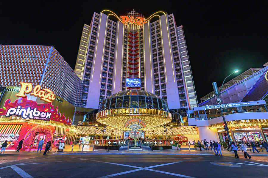 Night view of Plaza Hotel and Casino on Fremont Street in Las Vegas Photograph by Miroslav Liska
